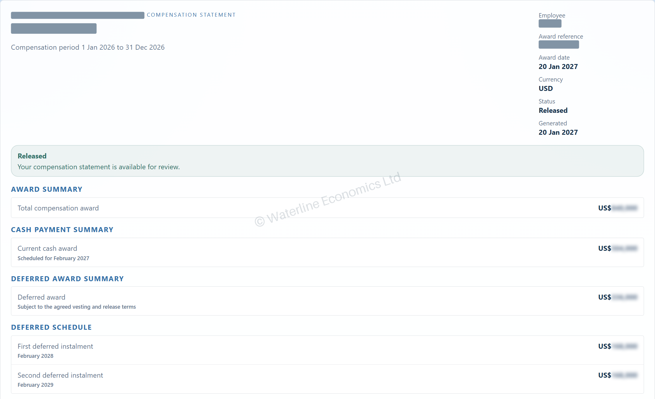 An illustrative statement excerpt with identity fields redacted and financial amounts softened. Award headings, schedule periods and release status remain readable.